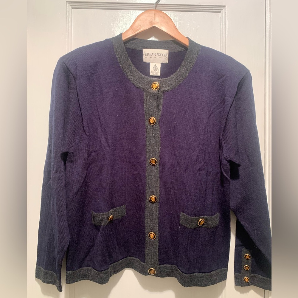 Urban Wool Vtg Navy Cardigan with Gray Trim and Gold Buttons 100% Merino Wool M